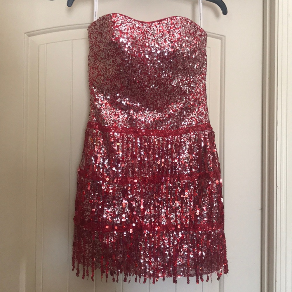 Read and silver sequin dress.